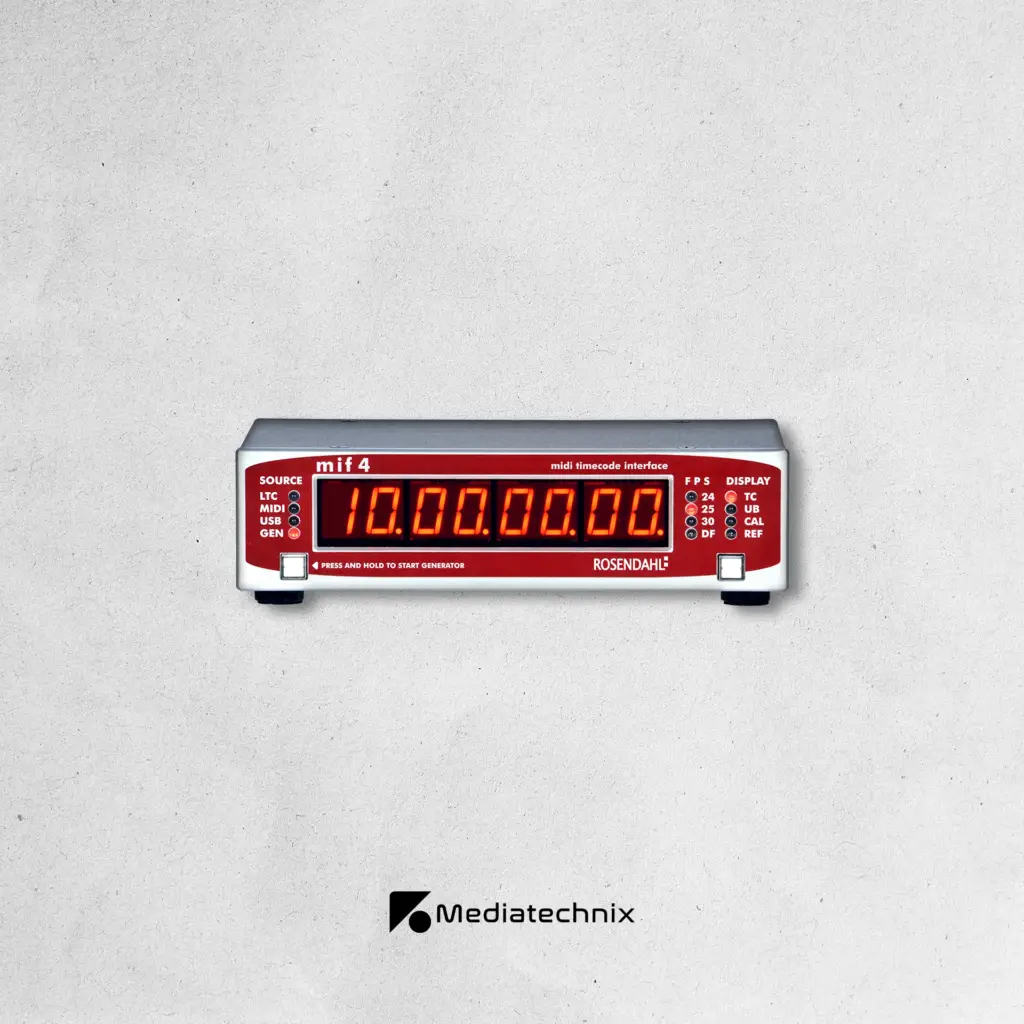 Rosendahl MIF4 mieten – Professionelle Timecode-Synchronisation für Film- & Broadcast-Produktionen in Frankfurt | Mediatechnix Rental Das Rosendahl MIF4 ist ein hochpräziser Timecode-Generator & Wandler, ideal für Filmsets, TV-Produktionen & Live-Broadcasting. Mit vielseitigen Timecode-Ein- & Ausgängen, MIDI-Schnittstelle & synchronisierter Wordclock sorgt es für perfekte Audio- & Video-Synchronisation in Mehrkamera- und Multitrack-Setups. Perfekt für Postproduktion, Studio- & Live-Regien. Jetzt in Frankfurt mieten! 🎬⏱️🚀