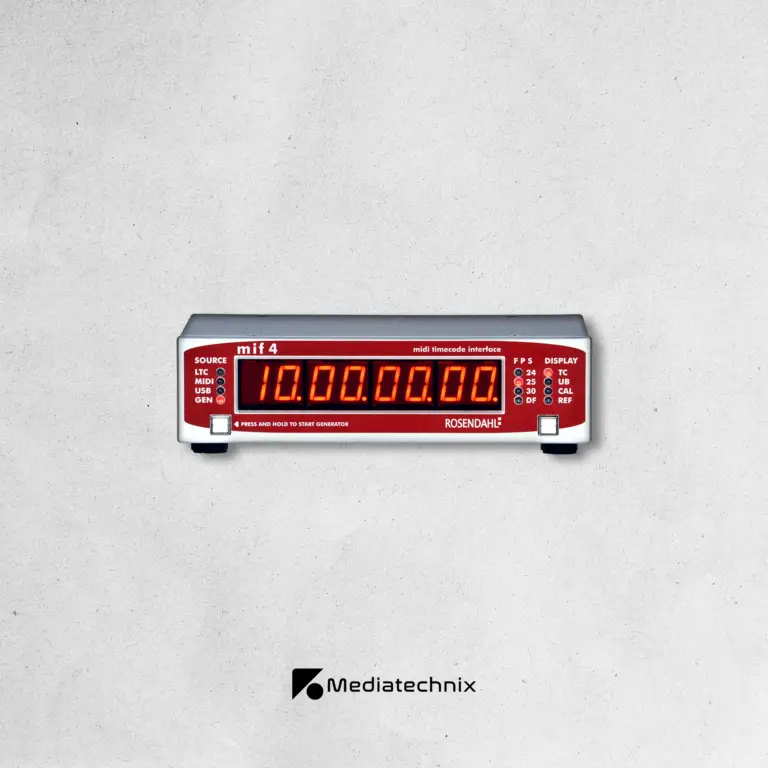 Rosendahl MIF4 mieten – Professionelle Timecode-Synchronisation für Film- & Broadcast-Produktionen in Frankfurt | Mediatechnix Rental Das Rosendahl MIF4 ist ein hochpräziser Timecode-Generator & Wandler, ideal für Filmsets, TV-Produktionen & Live-Broadcasting. Mit vielseitigen Timecode-Ein- & Ausgängen, MIDI-Schnittstelle & synchronisierter Wordclock sorgt es für perfekte Audio- & Video-Synchronisation in Mehrkamera- und Multitrack-Setups. Perfekt für Postproduktion, Studio- & Live-Regien. Jetzt in Frankfurt mieten! 🎬⏱️🚀